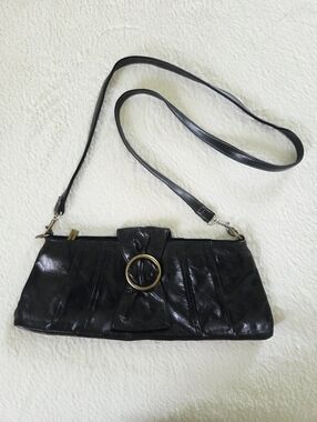 HOBO ✨️ Women's Black Leather Shoulder Bag with Gold Ring Accent